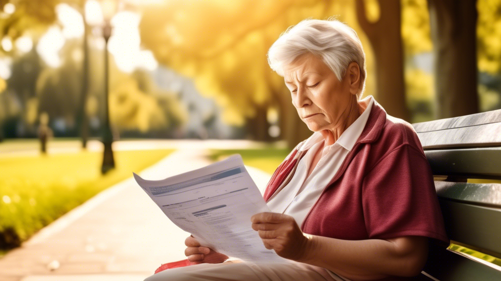 An image depicting an older adult over 50 sitting on a park bench, looking at a medical report with a concerned expression. The report shows low Vitamin D levels highlighted in red. The scene is bathe