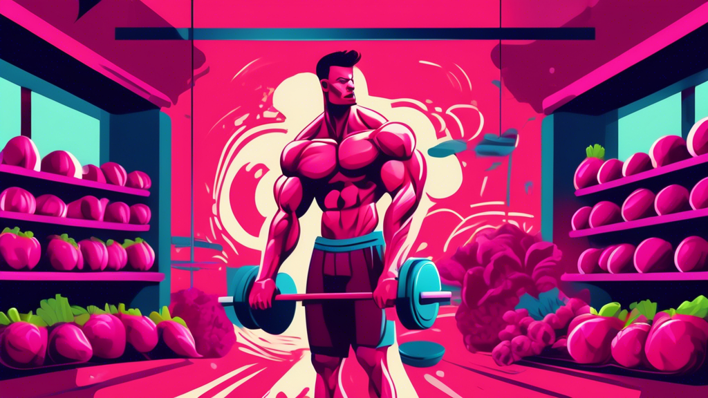 Create an image of a muscular person lifting weights in a gym, with a vibrant beetroot smoothie in hand. Surround the scene with fresh beetroots and a splash of beet juice, emphasizing the connection