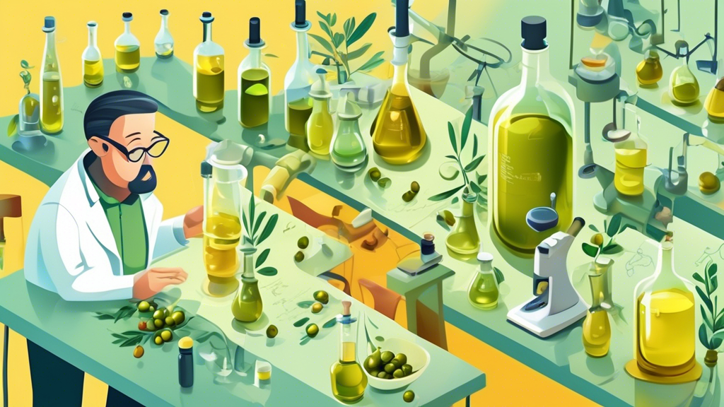 Create a detailed digital illustration showing scientists in a modern lab studying olive oil. Convey a sense of discovery and innovation as they analyze molecular structures and biological processes r