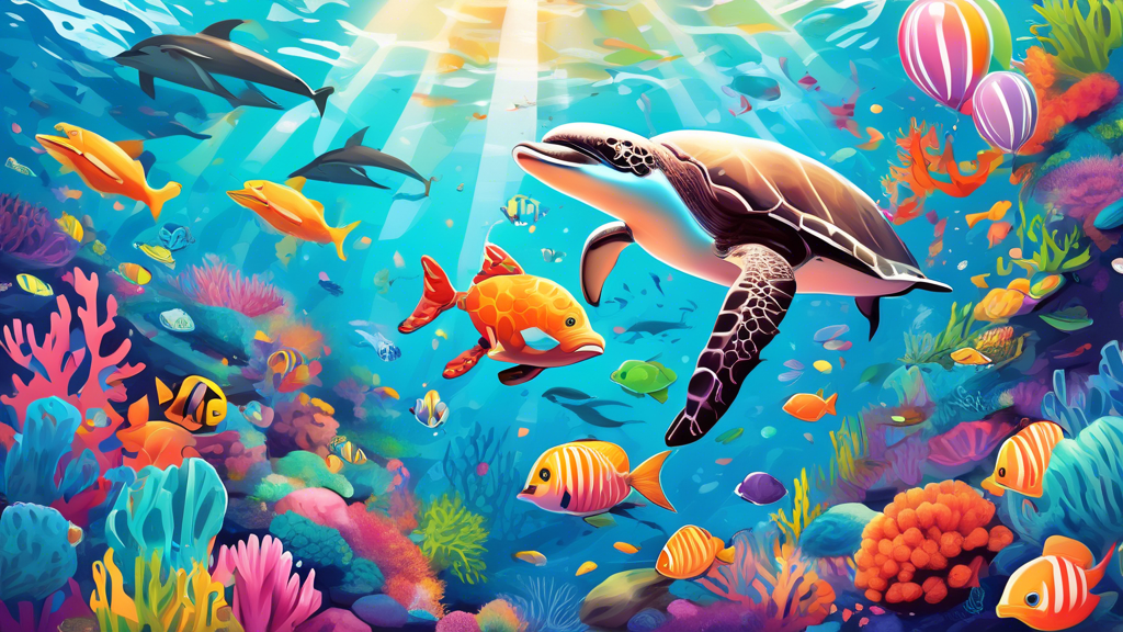 Create an image of diverse marine life celebrating National Marine Week in a vibrant underwater scene. Include colorful coral reefs, schools of fish, playful dolphins, majestic sea turtles, and even a