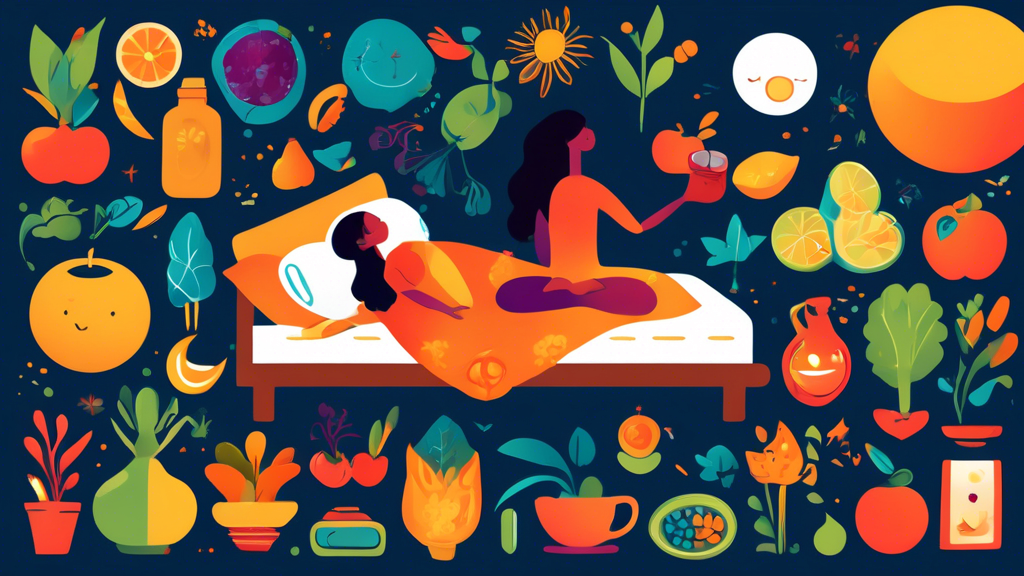 A vibrant, colorful illustration of a healthy, energetic person surrounded by various elements that symbolize boosting the immune system. Include icons such as fresh fruits and vegetables, herbal teas
