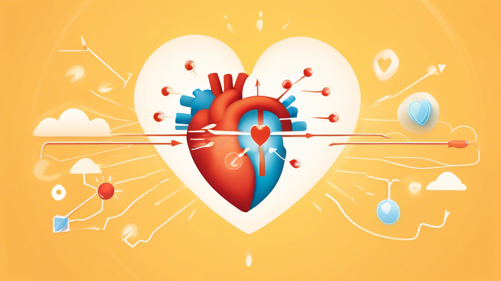 A detailed medical illustration showing a heart and symbols of low vitamin D, such as a cloud with a down arrow and a vitamin D capsule, with arrows indicating a connection between the two. The heart
