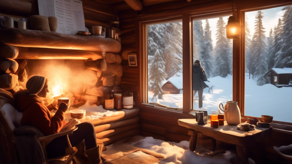 A cozy winter scene with snow-covered trees and a warm, inviting cabin. Inside the cabin, a person is sitting near a roaring fireplace, holding a mug of hot cocoa. On a nearby table, there are bottles