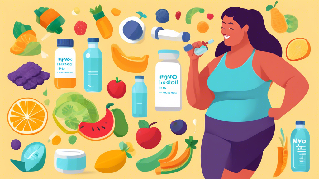 Create an illustration depicting Myo-Inositol in the context of weight loss. Show a bottle of Myo-Inositol supplements alongside a balanced diet and exercise equipment. Incorporate visuals of a health