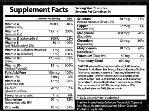 Close-Up of Just Vitamins Memory & Focus Supplements Label - High-Potency, Non-GMO, and Vegan-Friendly Formula