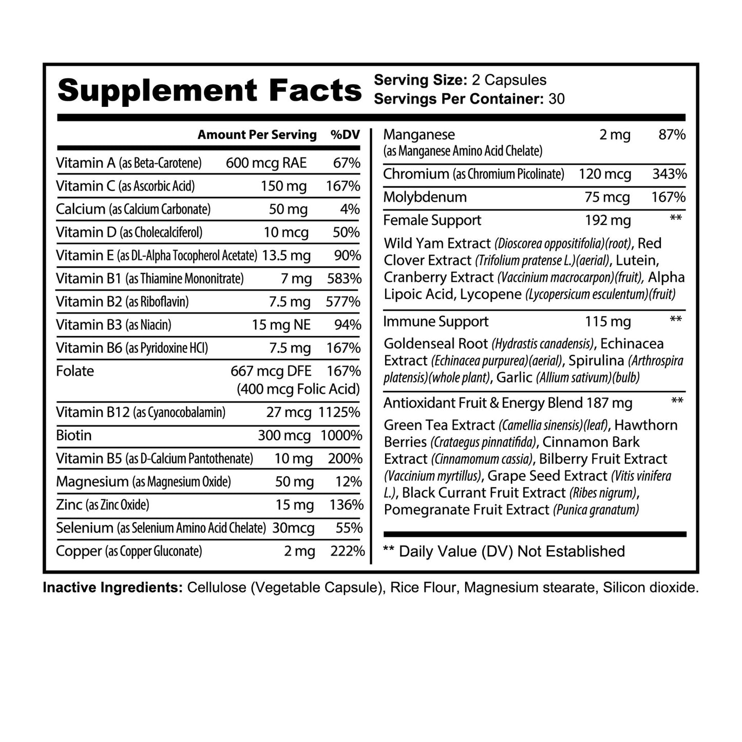 Close-Up of Just Vitamins VitaWomen Multivitamins Label - All-Natural, Non-GMO, and Vegan-Friendly Formula