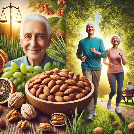 Create an image featuring a healthy elderly couple enjoying a picnic in a scenic park, with a variety of nuts such as almonds, walnuts, and cashews on their picnic blanket. The background should inclu