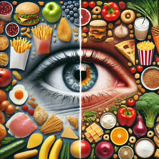 Create an image depicting a pair of eyes with fading vision juxtaposed against a backdrop of various Western diet foods like fast food burgers, soda, and fries. Highlight the contrast by showing healt
