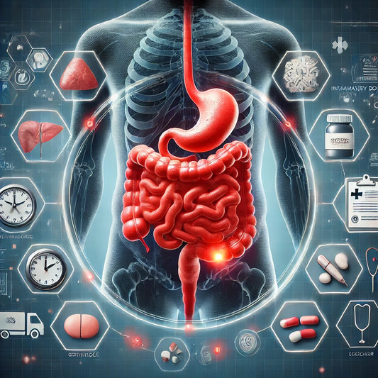 Digital illustration depicting the rising incidence of inflammatory bowel disease: A collage with alarmed experts in medical uniforms examining patient charts, alongside visual representations of infl