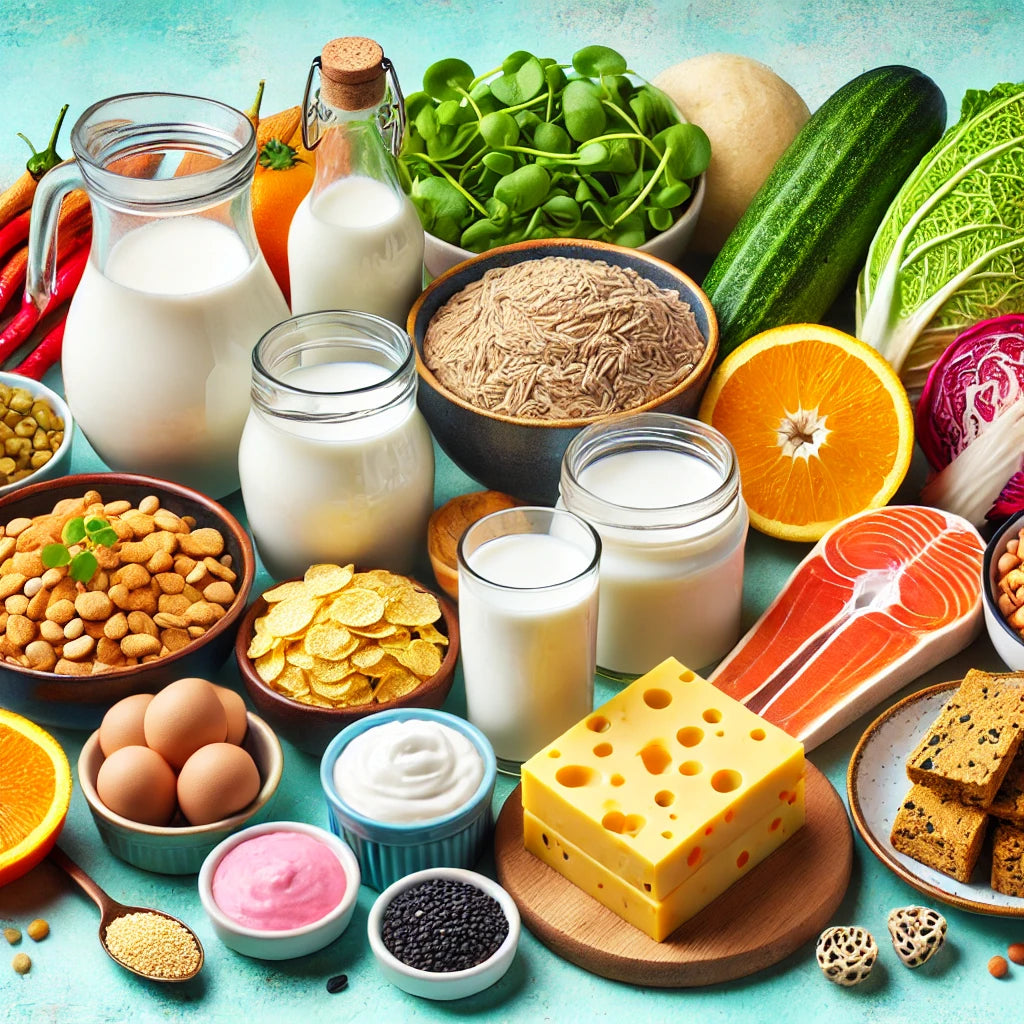 Create an image showing a vibrant, modern kitchen countertop with an assortment of vegan-friendly foods that are rich in Vitamin B12. Include colorful bowls of fortified cereals and plant-based milk, 