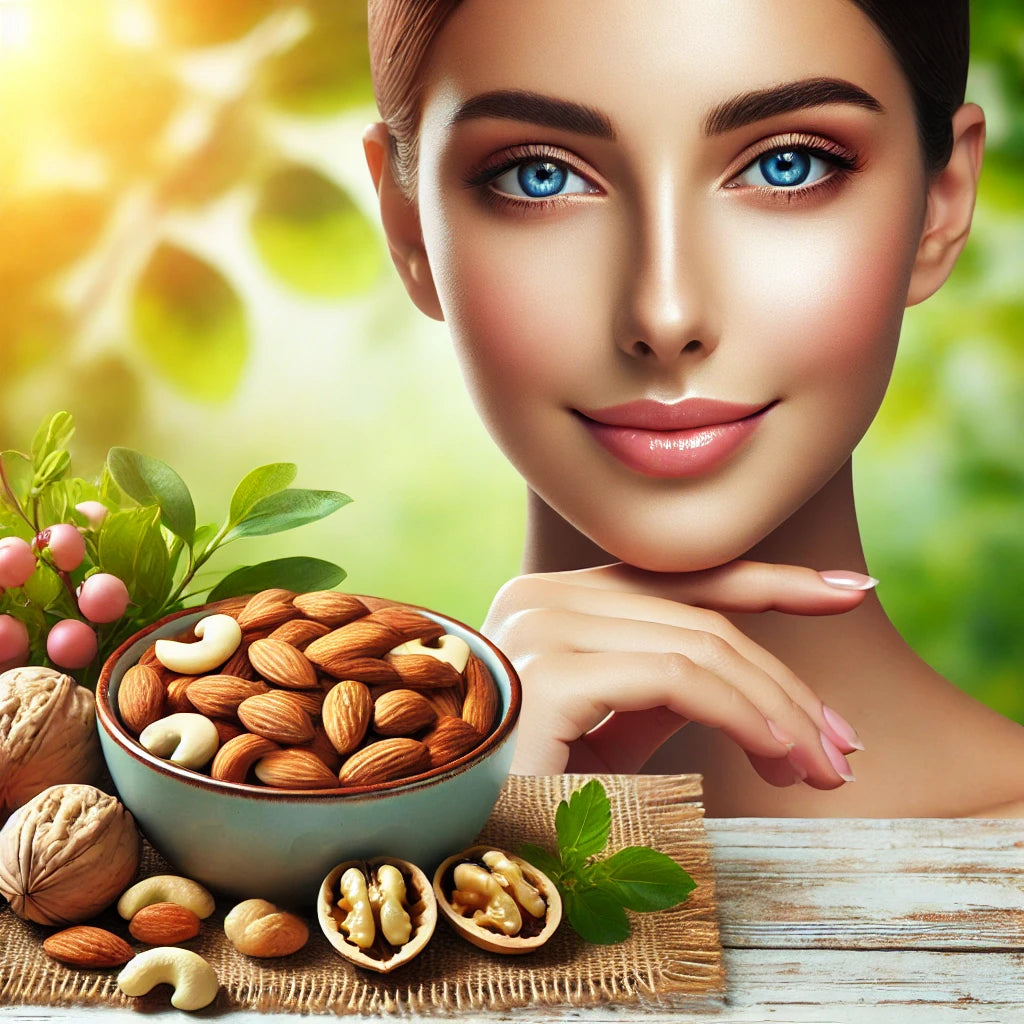 Create a photorealistic image of a mature woman with smooth, radiant skin sitting at a cozy kitchen table, smiling joyfully while a variety of nuts in bowls and jars are spread out before her. Include