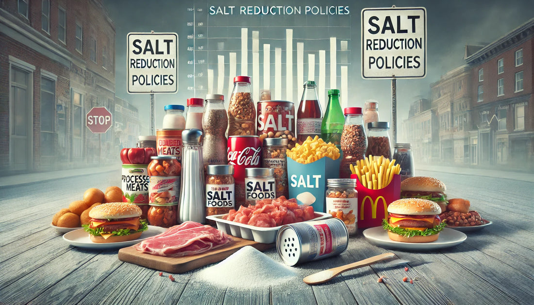 Create a detailed illustration depicting the various facets of the failure of salt reduction policies in public health. Show a table with foods high in salt content, such as processed meats, canned so