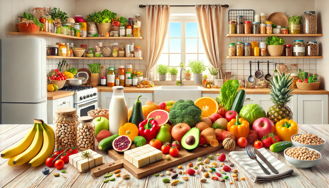 Create a visually engaging image that captures the essence of crucial information for vegans. Show a diverse group of happy, healthy vegans in a bright kitchen, surrounded by colorful fresh fruits, ve