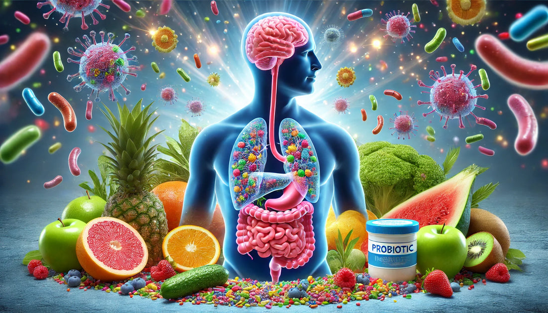 Create an image that depicts the human digestive system with a vibrant, healthy gut full of diverse, colorful microorganisms. Show how a healthy gut positively impacts other aspects of the human body,