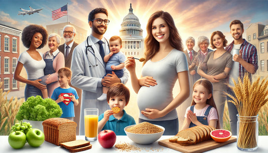 Create an image illustrating the US government's initiative to advocate folic acid fortification to prevent birth defects. Show a diverse group of happy, healthy families, with a prominent government 