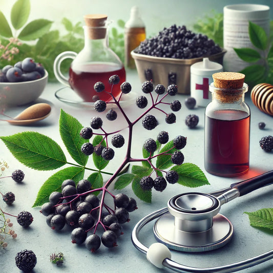 Create an image of elderberries intertwined with medical symbols such as a stethoscope, pills, and a thermometer. Show elderberries in various stages of growth, from blooms to fully ripened berries, s