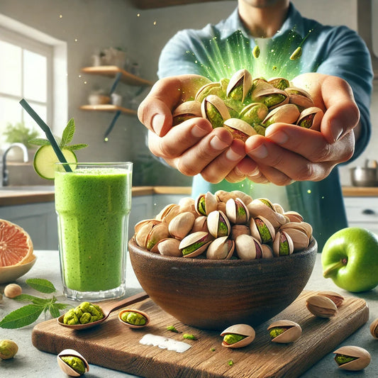 Create an image of a smiling person enjoying a bowl of pistachios in a modern kitchen, with a glowing depiction of a healthy digestive system integrated into the scene, symbolizing enhanced gut health