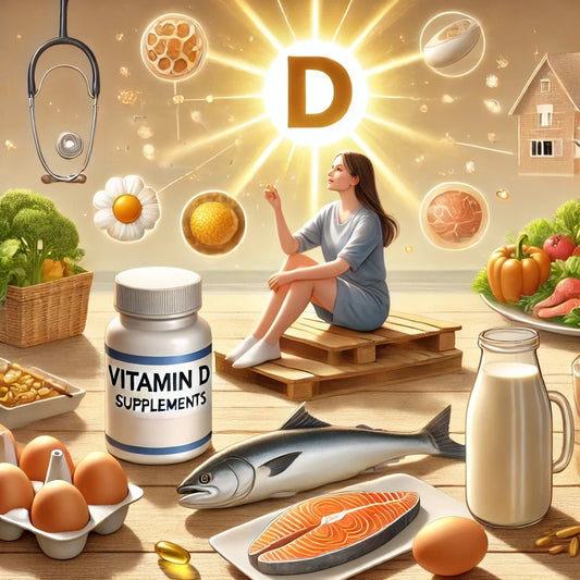 A brightly lit doctor's office with a friendly physician holding a bottle of Vitamin D supplements, while a diverse group of patients of different ages and backgrounds sit attentively. The background 