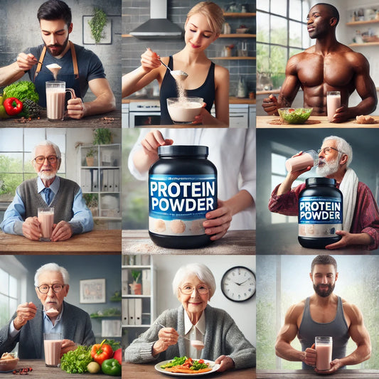 Create an image illustrating a diverse group of people in everyday settings consuming protein powder in creative ways. Include a busy office worker mixing protein powder into a smoothie, a student pou