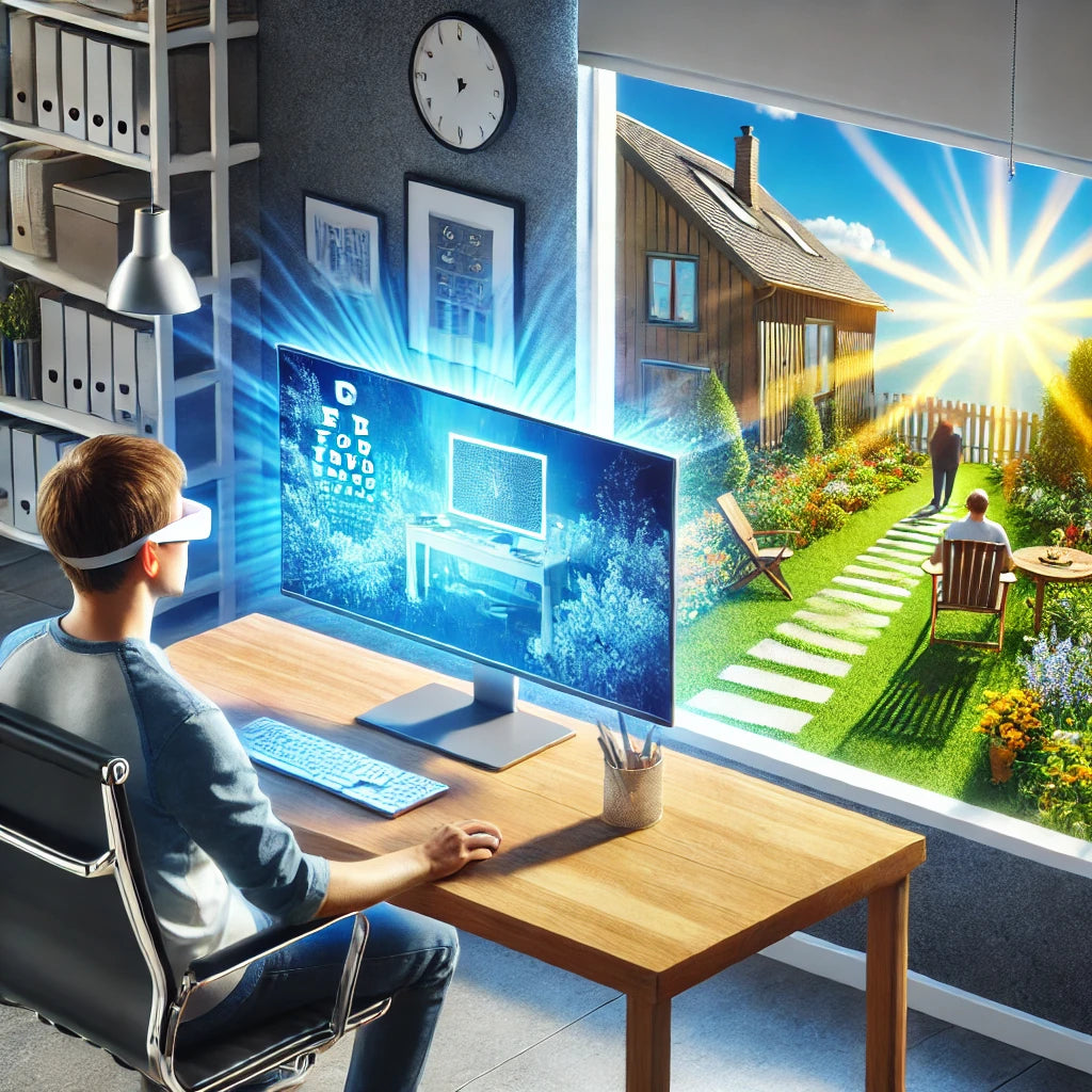Create an illustration showing a digital workspace with multiple screens, where a person is using a computer. Include elements that promote eye health such as a pair of blue light-blocking glasses on 