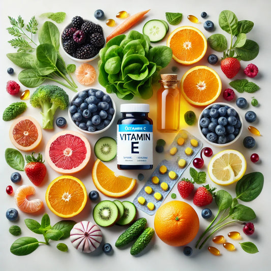 Create an image that displays a variety of antioxidant supplements, including colorful bottles labeled with names like Vitamin C, Vitamin E, Beta-Carotene, and Selenium. The setting should be a bright