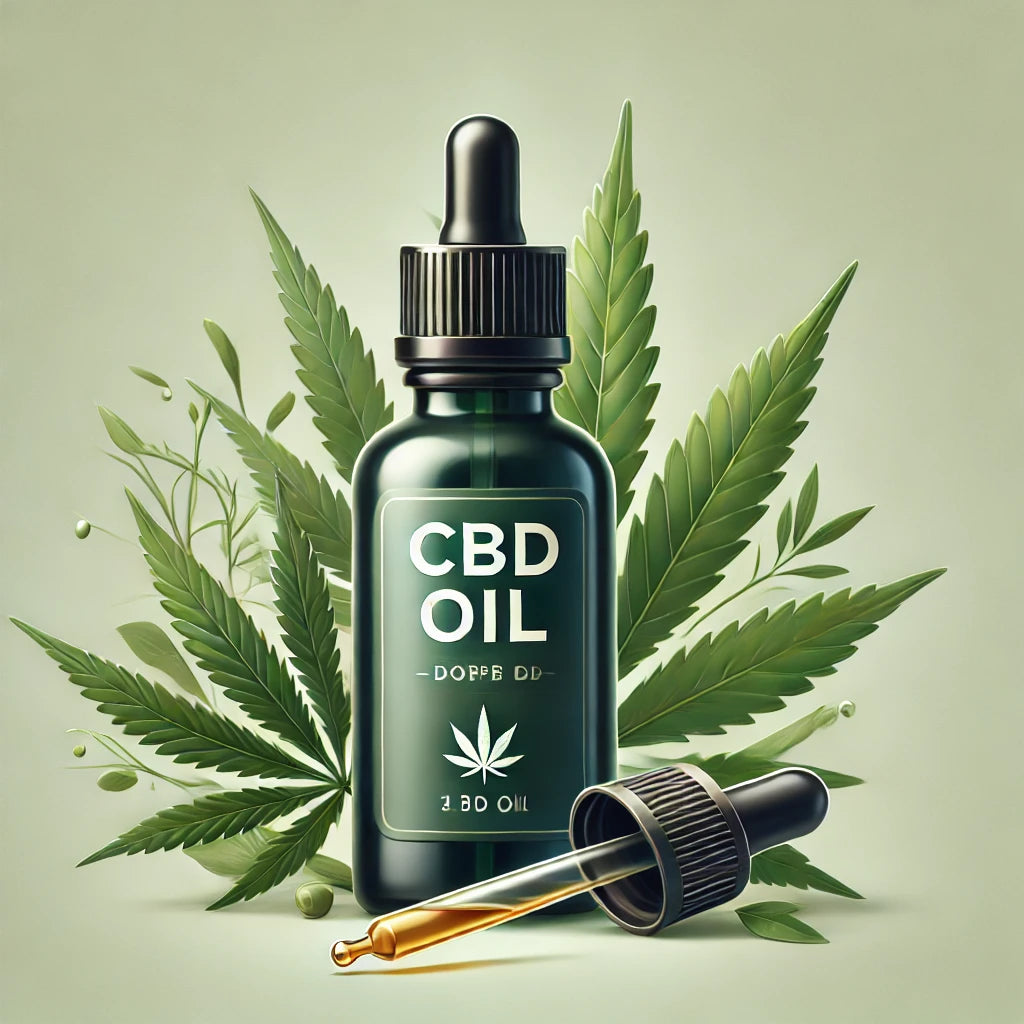 Create an image depicting the legal status of CBD oil in the US: a map of the United States with states color-coded to indicate legal, restricted, and illegal statuses for CBD oil. In the foreground, 