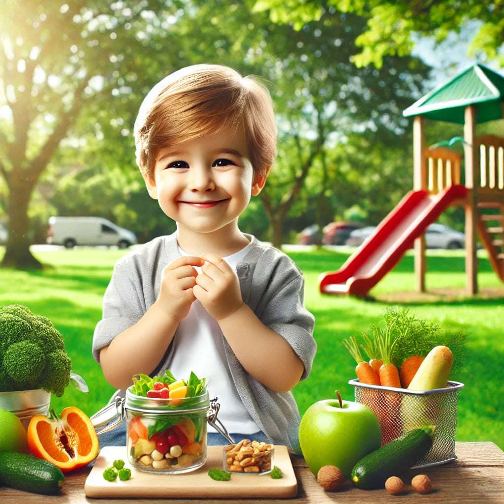 Create an image depicting a joyful young child with vibrant brain illustrations symbolizing enhanced executive function, surrounded by healthy foods rich in omega-3 such as fish, nuts, and leafy green
