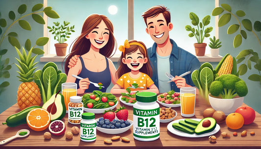 Create an image of a smiling vegan family at a breakfast table filled with various plant-based foods, including leafy greens, nuts, and fruits. There is a prominent bottle of Vitamin B12 supplements o