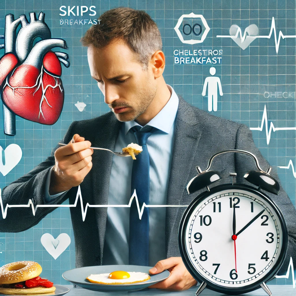 Create an illustration of a man in his 40s, dressed for work in a suit but looking stressed and rushed as he skips breakfast. Show a clock indicating early morning and incorporate subtle elements to s