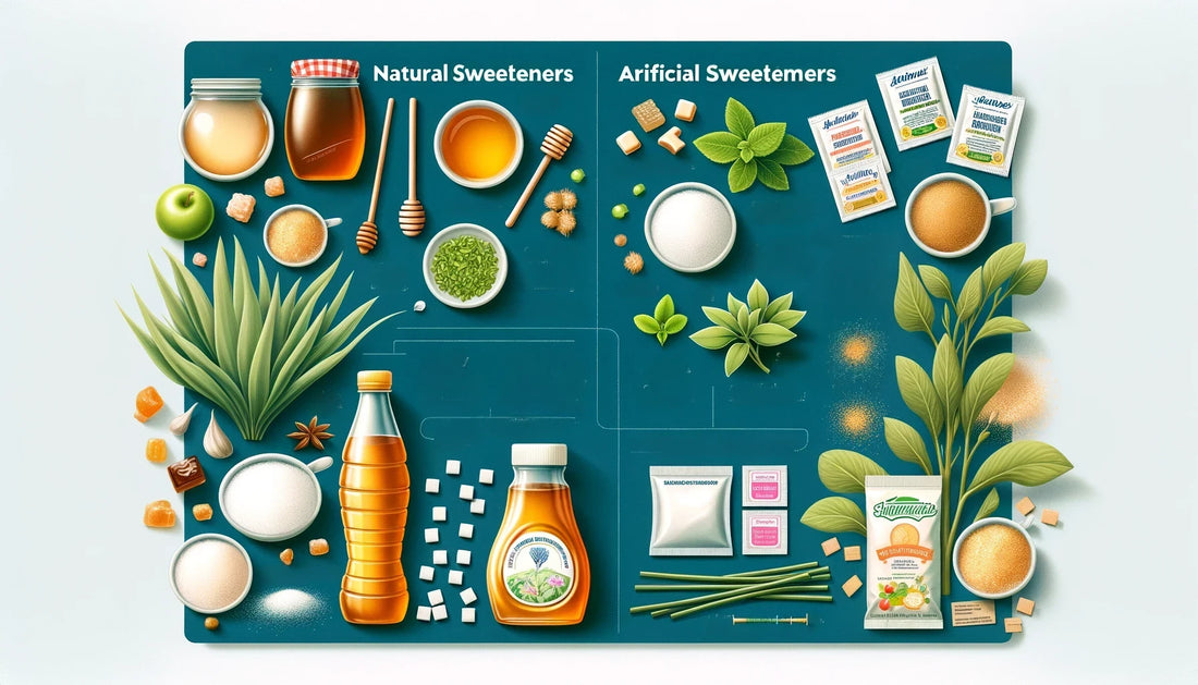 Create an illustration that visually compares different sugar alternatives such as stevia, honey, agave syrup, and artificial sweeteners like aspartame and sucralose. Divide the image into two section