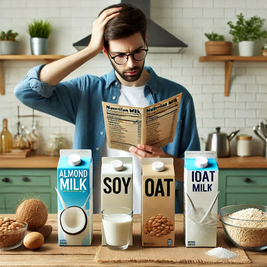 A detailed, realistic scene depicting a variety of dairy-free milk cartons (such as almond, soy, oat, and coconut milk) arranged on one side of a kitchen table, while on the other side, a concerned in