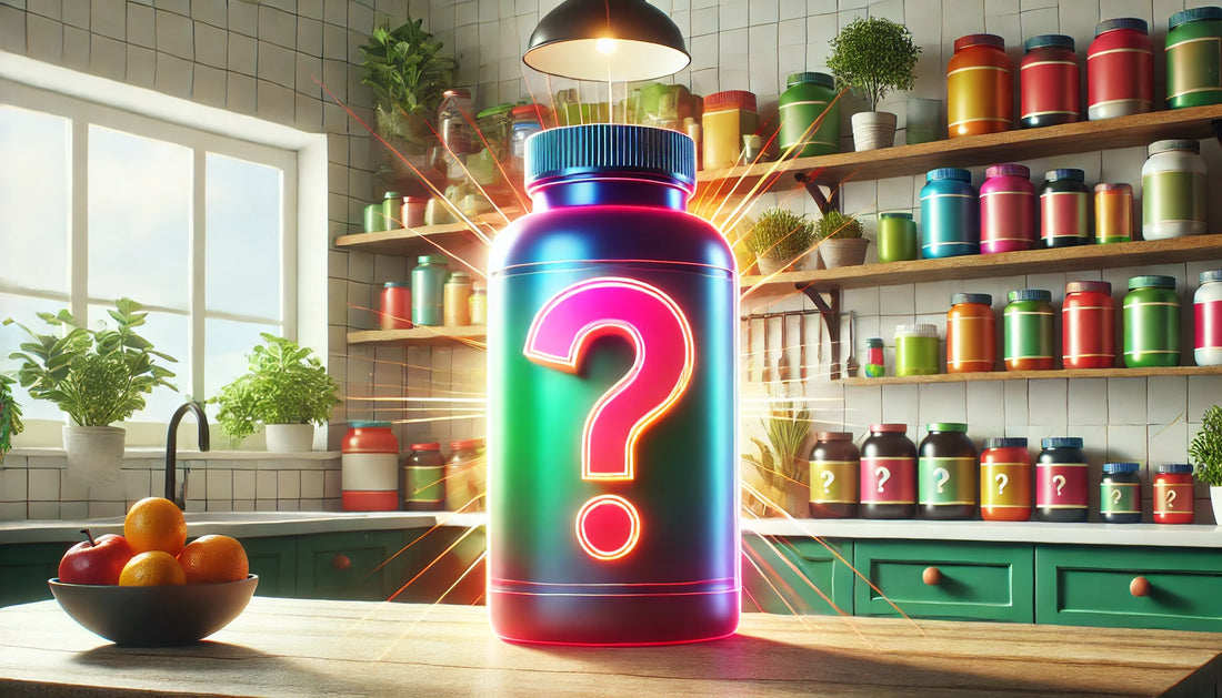 Create an image of a vibrant, organized supplement shelf in a modern kitchen, highlighting a prominently placed, unlabeled bottle with a question mark on it, suggesting intrigue and mystery about its 