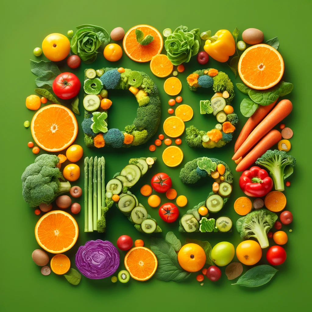 Create an image showing Vitamin D3 and Vitamin K2 as characters working together to promote optimal health. Represent Vitamin D3 with sunlight elements and Vitamin K2 with leafy greens like kale. Illu