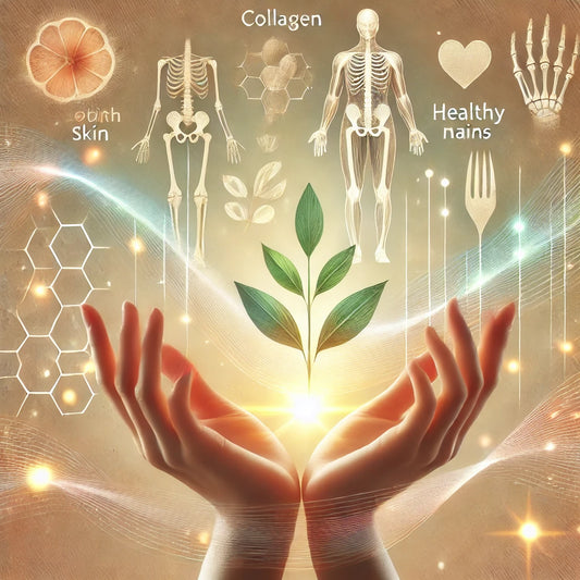 Create an image of a neatly organized kitchen countertop with various collagen supplement packages in different forms (powder, capsules, drinks) alongside fresh fruits and vegetables. On a chalkboard 