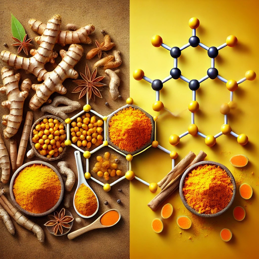 Create an image showing two distinct sections: On one side, depict the turmeric root in its natural form, along with ground turmeric powder. On the other side, illustrate molecular structures and labo