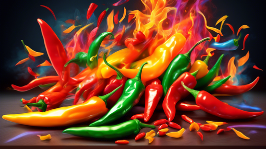 An energetic, vibrant still life of various colorful chili peppers, with flames subtly dancing around them, symbolizing their spicy effect. In the background, a dynamic diagram illustrating a human me