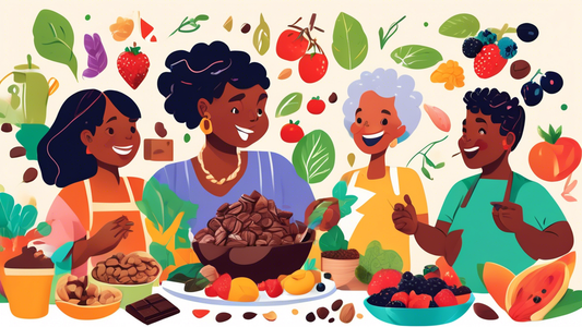 An image showcasing a diverse group of people of various ages, from children to seniors, each enjoying different mood-boosting foods like dark chocolate, berries, nuts, and leafy greens, set in a brig