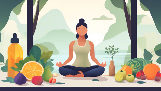 Create an illustration of a serene and tranquil setting where a person is meditating or doing yoga. Surround them with elements that symbolize health and wellness, such as fruits, vegetables, and a wa