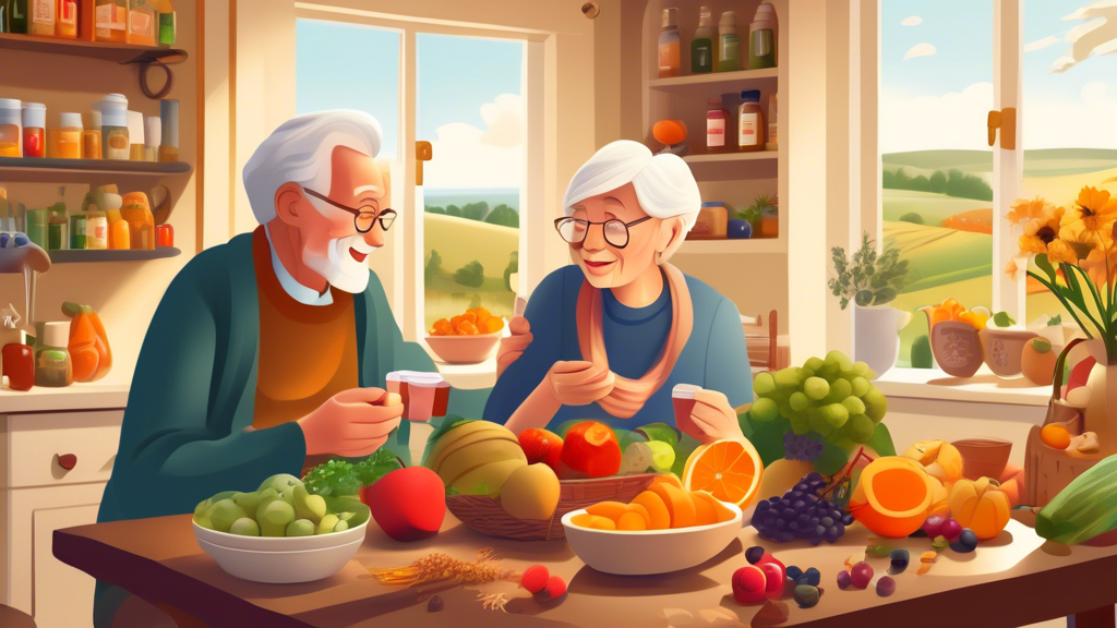 Create an image depicting an elderly couple in the UK taking vitamin supplements at their cozy kitchen table, surrounded by healthy foods such as fruits, vegetables, and grains. The background shows a