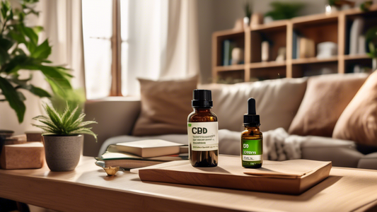 Create an image showing a detailed and serene scene of a person in a modern, cozy living room setting, relaxing with a bottle of CBD oil on a coffee table next to them. The background should feature a