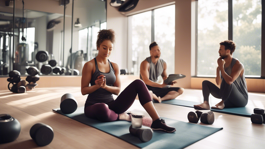 Create an image showing a serene post-workout scene at a modern gym. Include a person stretching on a yoga mat, another using a foam roller on their legs, and a third person enjoying a protein shake. 