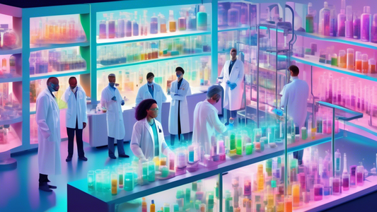 Create an image of a vibrant, futuristic laboratory filled with glowing, colorful vials labeled as various strains of probiotics. In the center, a team of diverse scientists in lab coats are examining