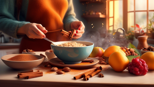 Create an image of a cozy kitchen setting where a person is sprinkling cinnamon onto oatmeal, with a backdrop of fruits, nuts, and a steaming cup of tea. Highlight glowing, warm effects around the cin