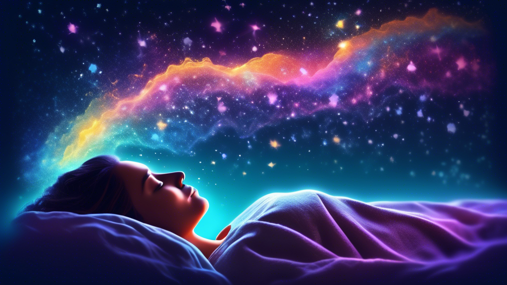 Create an image of a peaceful, sleeping person, with a dreamy night sky background. Show tiny, glowing particles representing toxins being filtered out from their brain, visualized as soft, radiant li