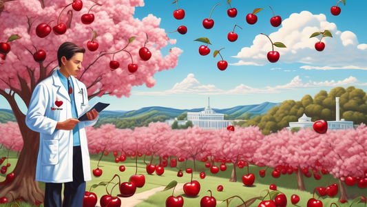 Create a highly detailed, vibrant composition featuring Montmorency tart cherries prominently in the foreground. Show a serene field of cherry trees under a clear blue sky in the background. Include a