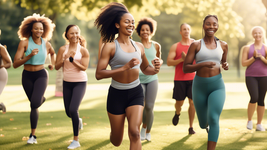 Create an image of a diverse group of people engaging in various fitness activities, such as running, yoga, and weightlifting, with motivational posters and a calendar featuring workout schedules in t