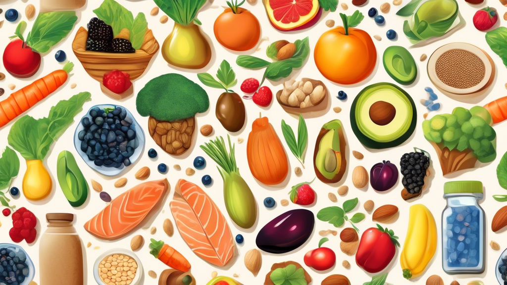 Create a detailed and vibrant illustration of a variety of nutritious foods recommended by scientists for a healthy diet. Include items such as colorful fruits and vegetables like berries, leafy green