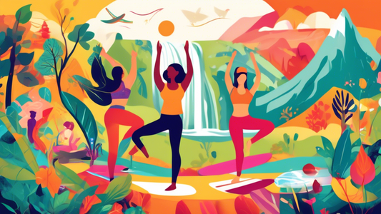 Create an illustration of a vibrant scene showcasing various dynamic health and wellness pairings. Include elements such as yoga practiced alongside nature, a nutritious smoothie paired with a morning