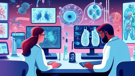 Create an image illustrating scientists in a high-tech laboratory studying the human gut microbiome's connection to COVID-19. Show them analyzing data on computer screens displaying gut bacteria and c