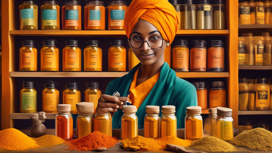 Create an image of a smart shopper in a vibrant spice market comparing labels on various turmeric curcumin supplement bottles. The shopper holds a magnifying glass and checks quality indicators while 